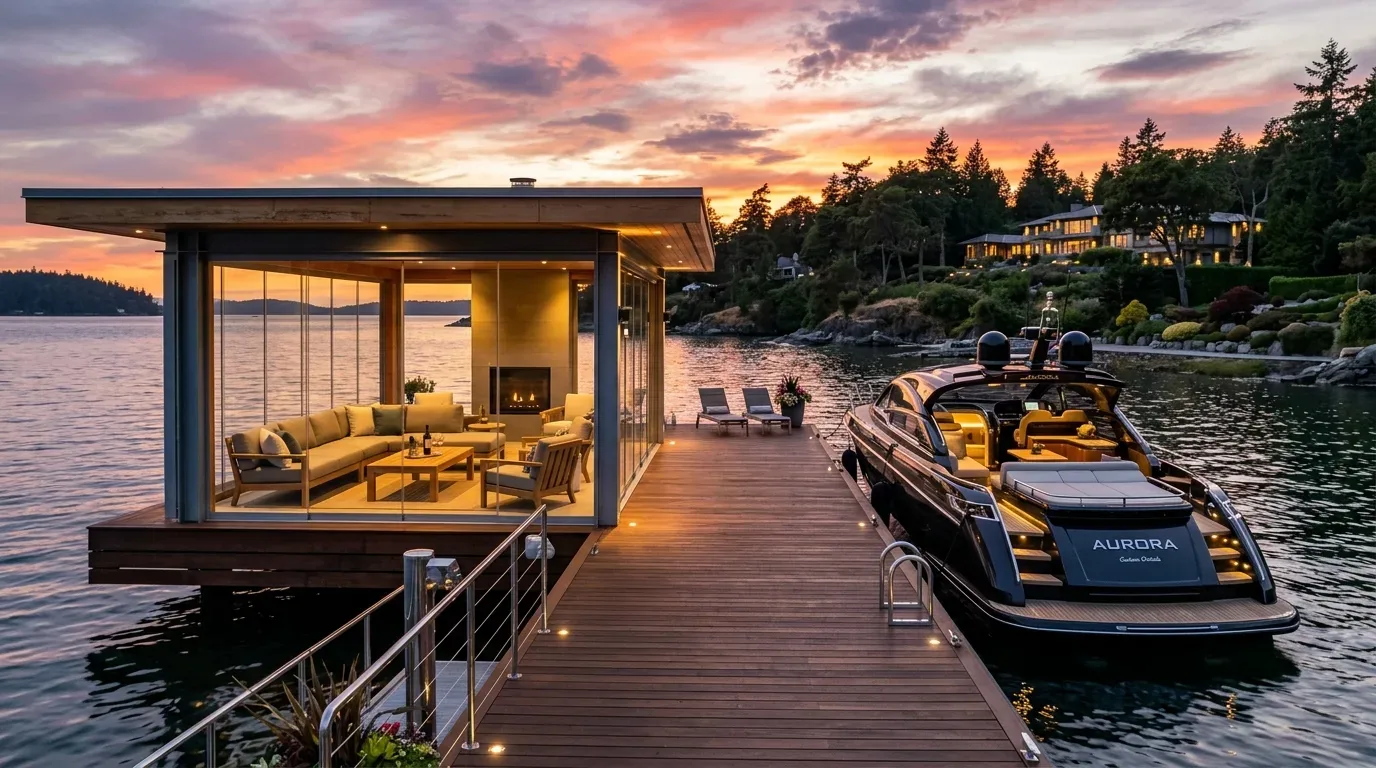 A modern glass-enclosed living room on a dock overlooking a lake at sunset, with a luxury boat moored nearby