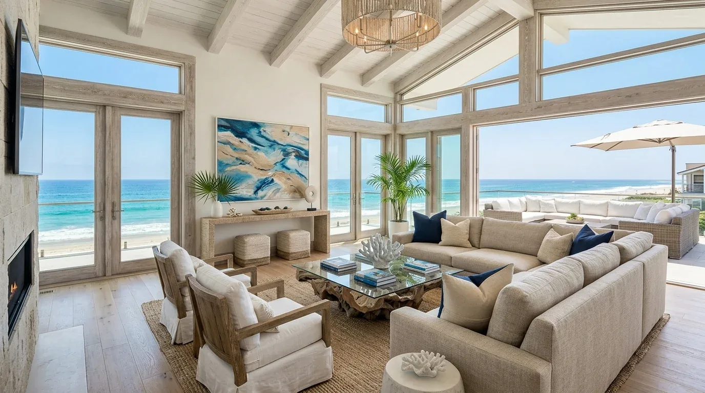 A dining room with a wooden table, cowhide upholstered chairs, a floral centerpiece, large windows with beige curtains