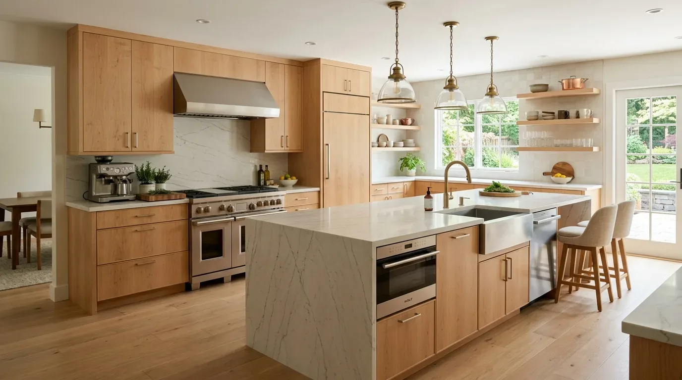 A modern kitchen with light wood cabinetry, a large marble island, stainless steel appliances, and pendant lighting overlooking a garden