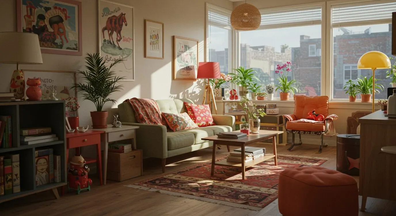 A cozy living room with a green sofa, orange armchair, wooden coffee table, various plants, and colorful decor