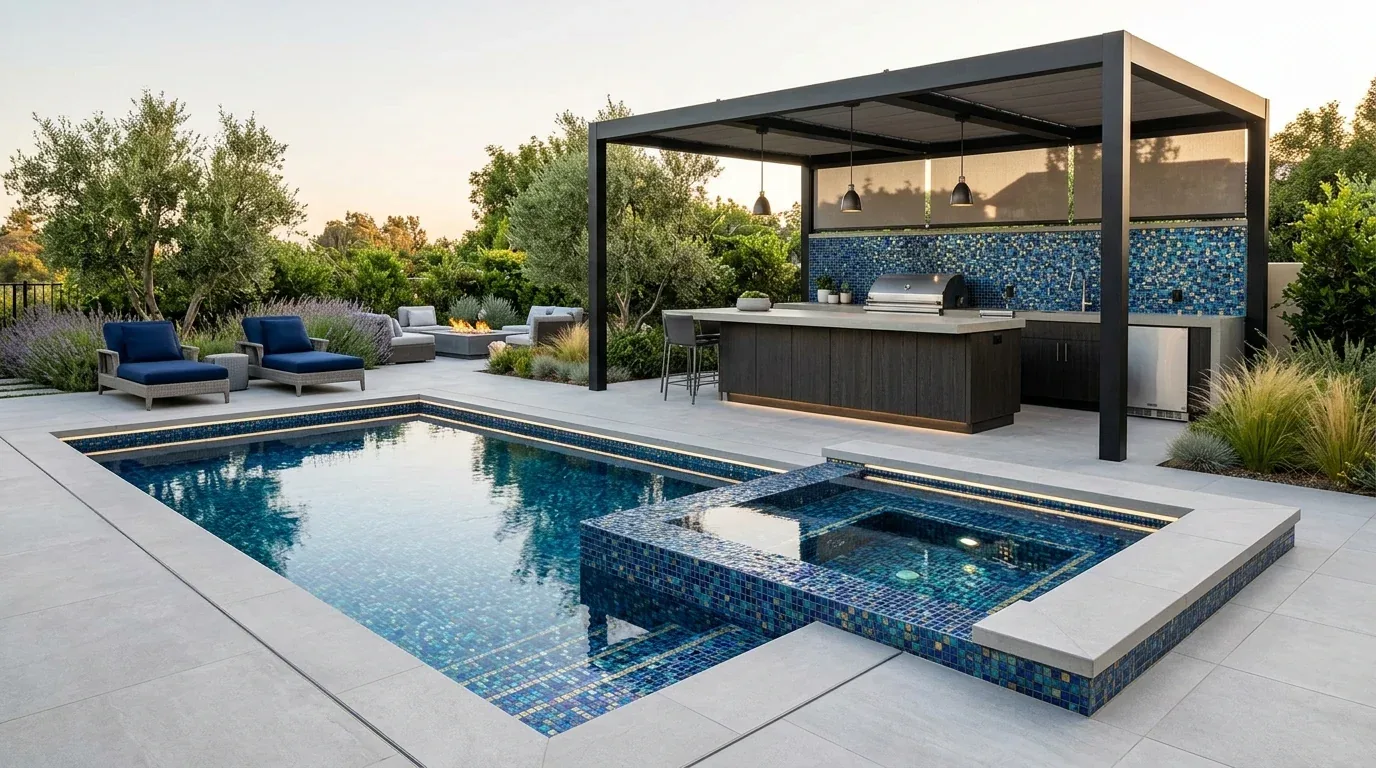 An outdoor patio area featuring a modern pool with an attached hot tub, lounge chairs, a fire pit seating area, and a covered kitchen with a blue mosaic tile backsplash