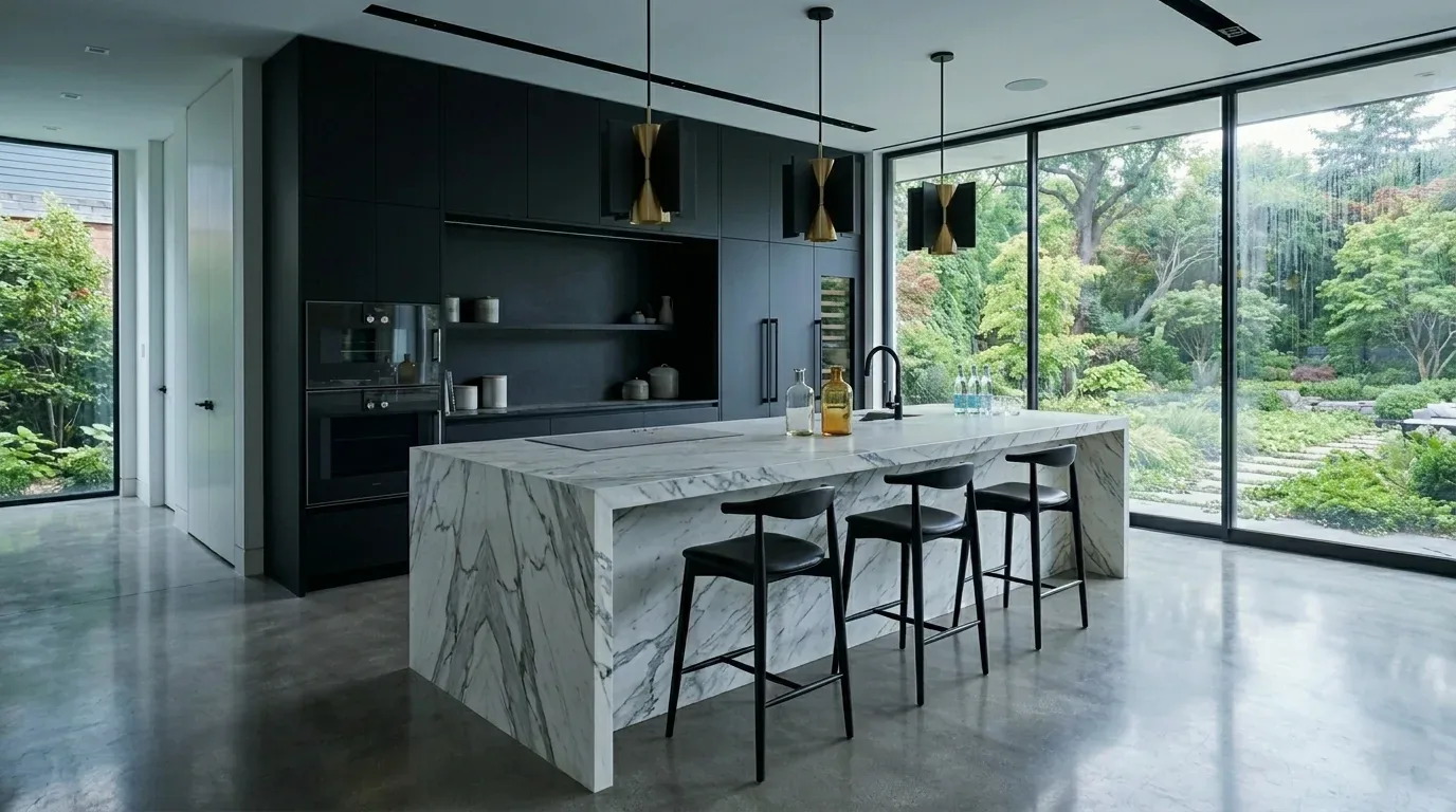 A modern kitchen with a large marble island, black cabinetry, three black bar stools, and floor-to-ceiling windows overlooking a lush garden