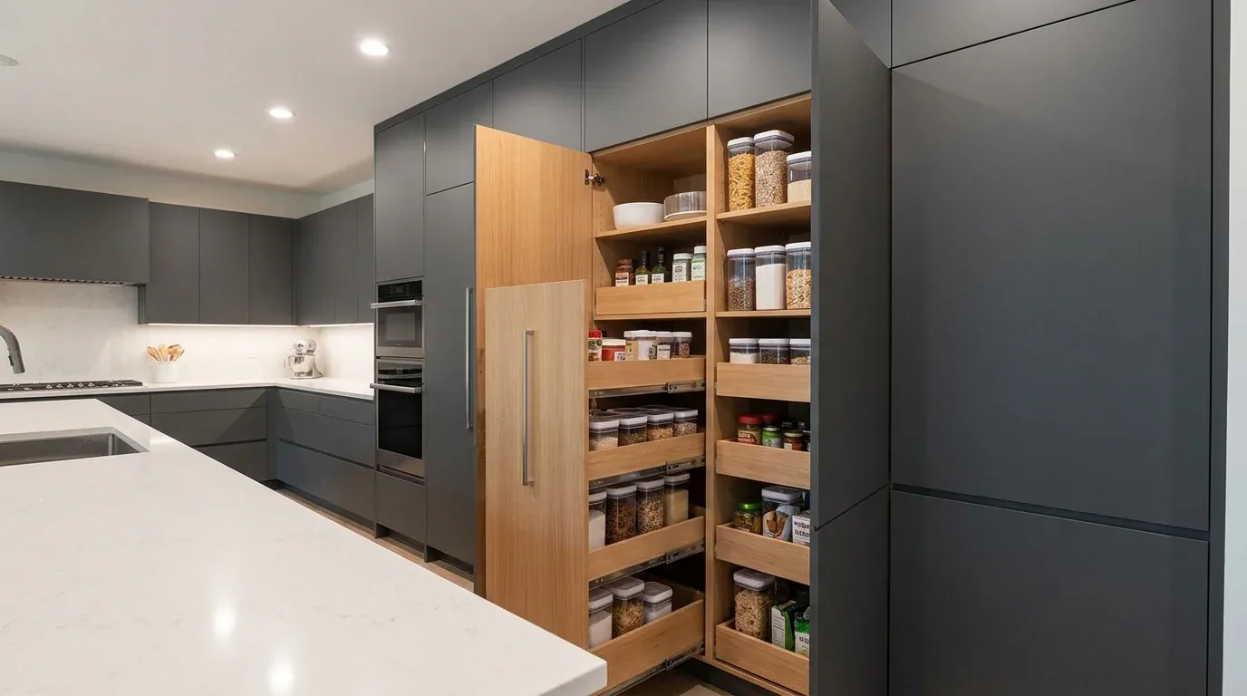 A modern bathroom featuring a curved glass block shower enclosure with dark marble tiles and a separate toilet area
