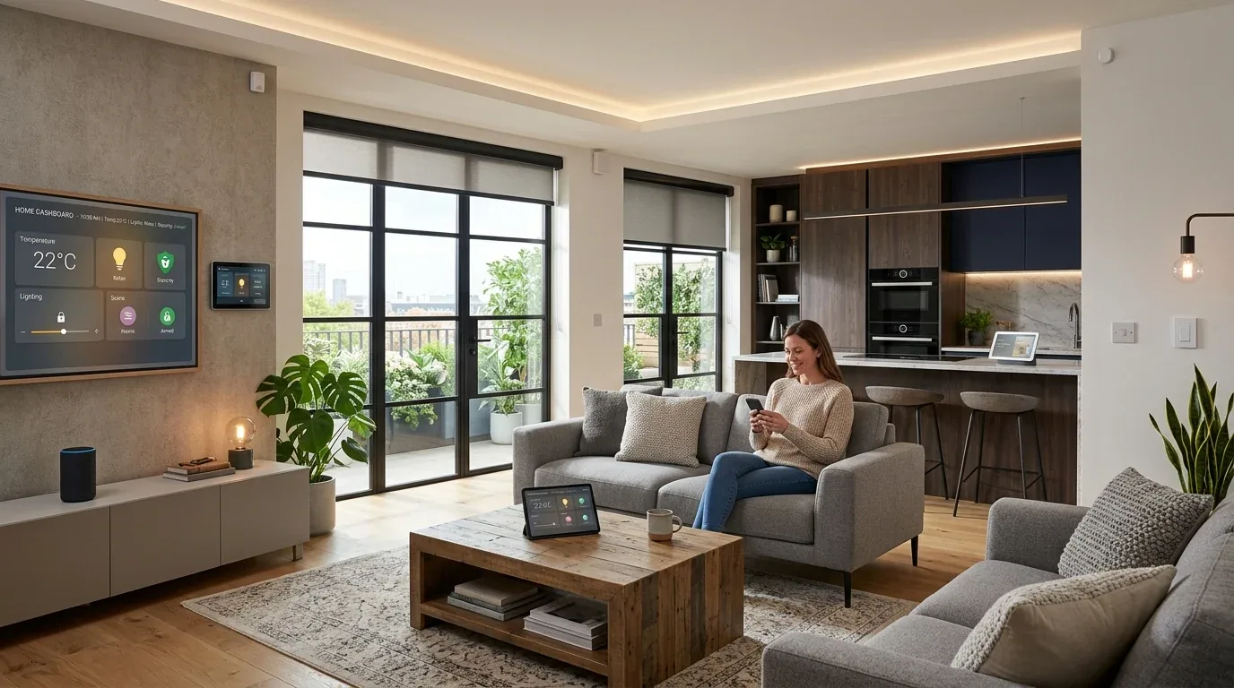 A modern open-plan living room and kitchen with smart home technology, featuring a woman sitting on a gray sofa using a smartphone