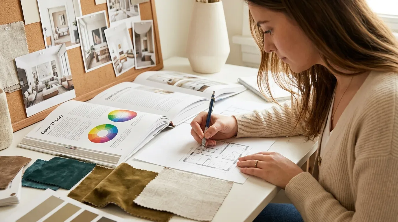 A woman is working on a floor plan at a desk surrounded by fabric swatches, color theory book, and interior design photos pinned on a corkboard