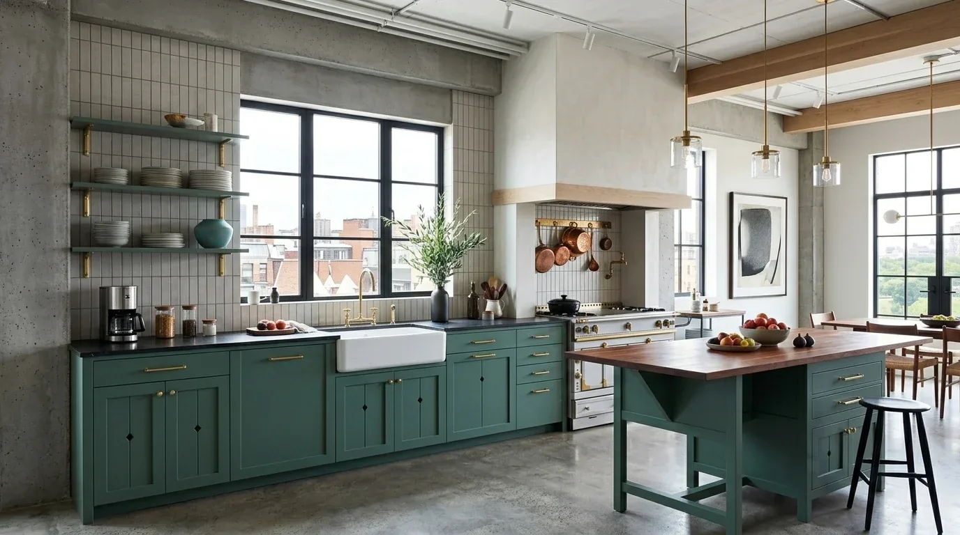 A modern kitchen with green cabinetry, a large window, a wooden island, and hanging pendant lights