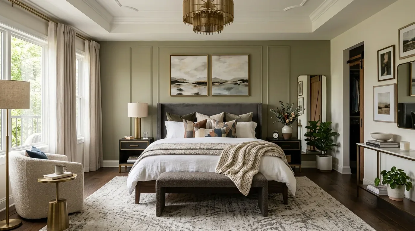 A modern bedroom with a large bed, neutral tones, decorative pillows, a bench at the foot of the bed, and various plants and artwork