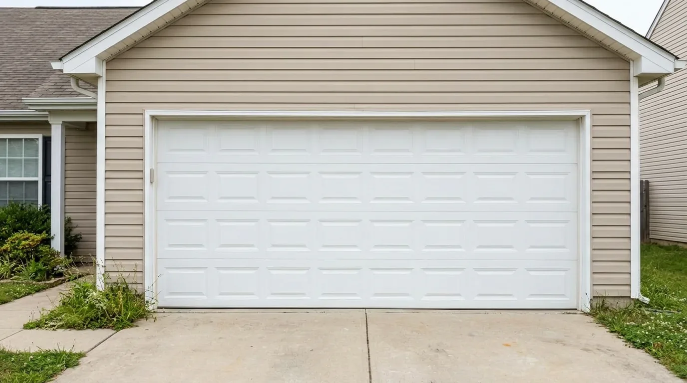 A beige house exterior with a closed white garage door and concrete driveway