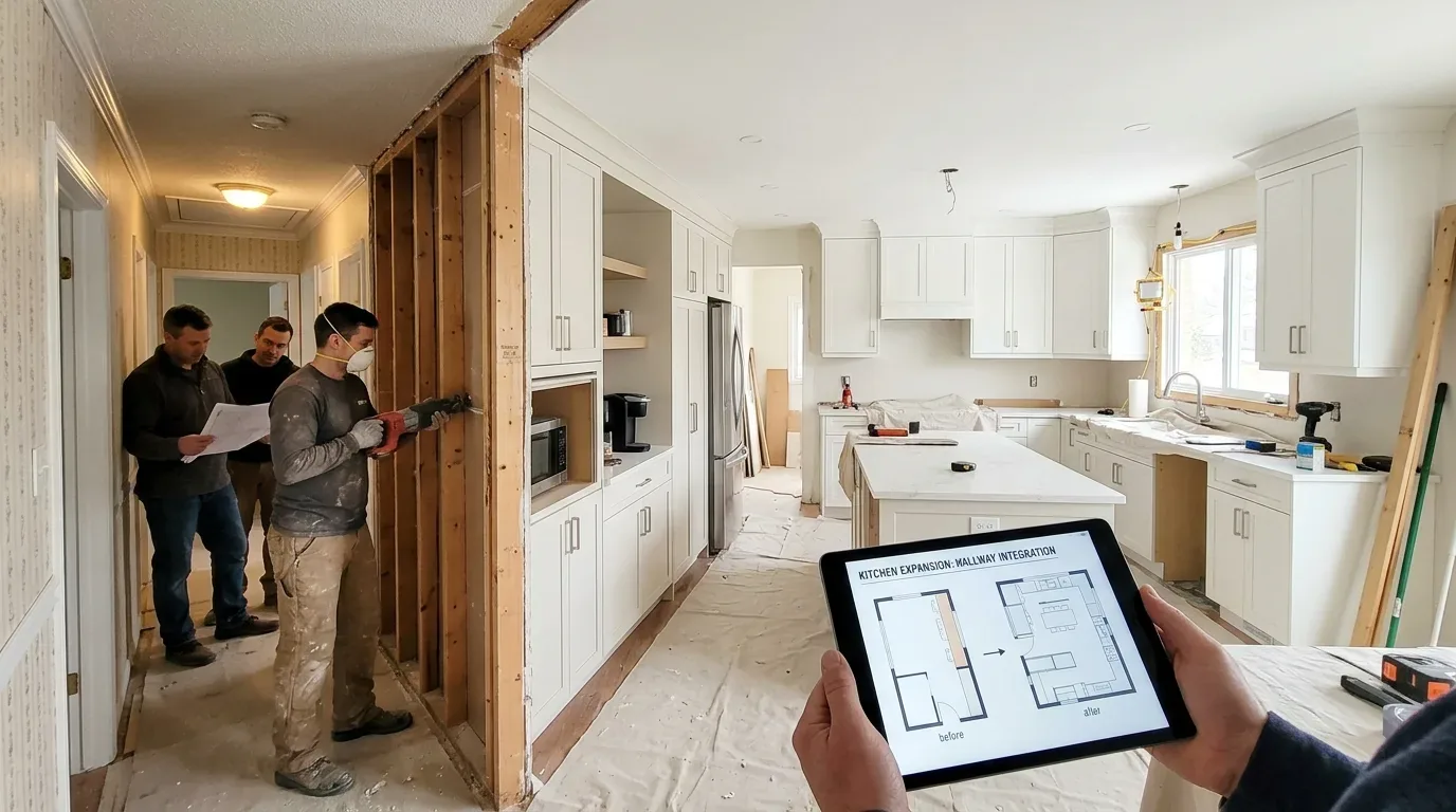 A kitchen under renovation with workers removing a wall and a person holding a tablet showing before and after floor plans of the kitchen expansion