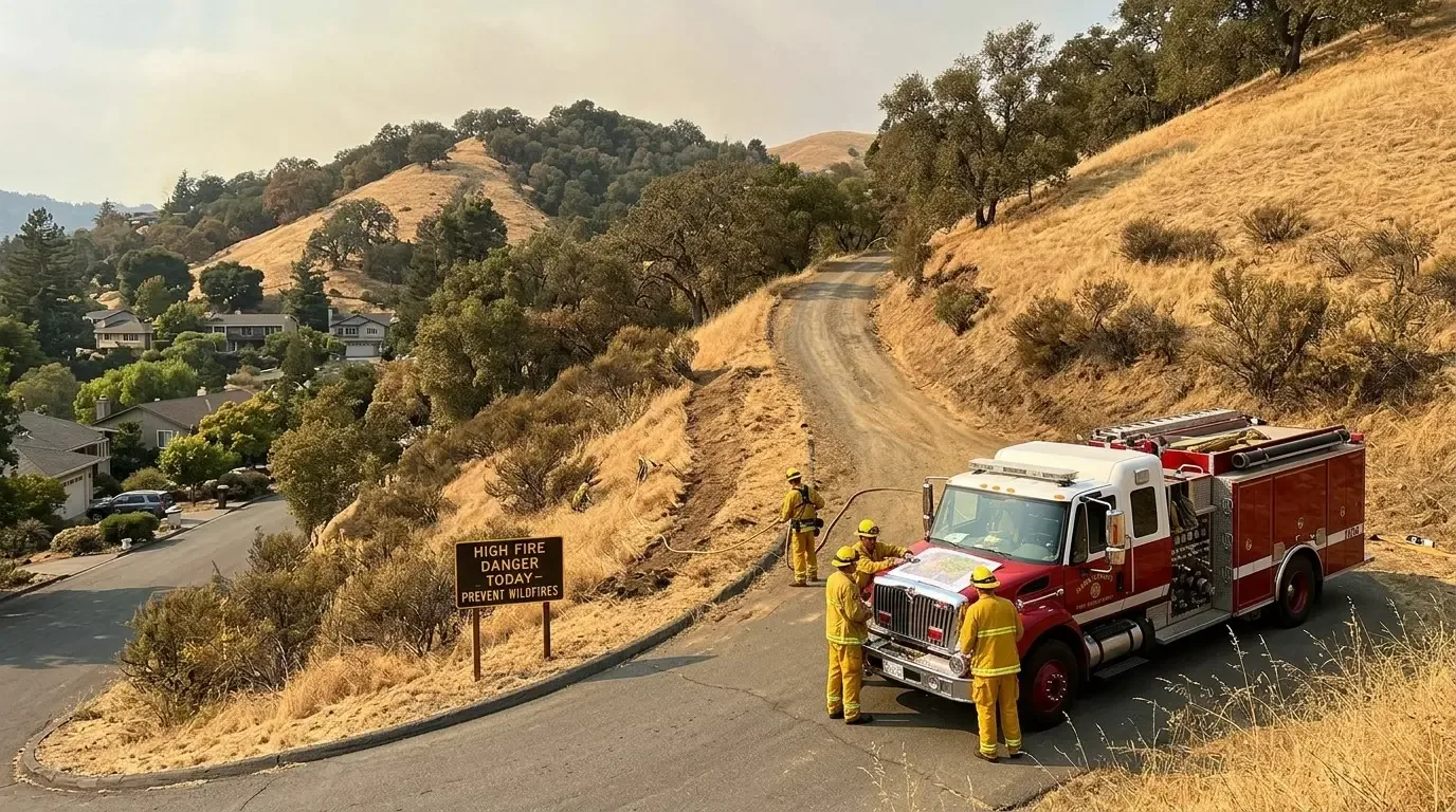 Firefighters in yellow gear stand near a red fire truck on a road by dry hills with a high fire danger sign