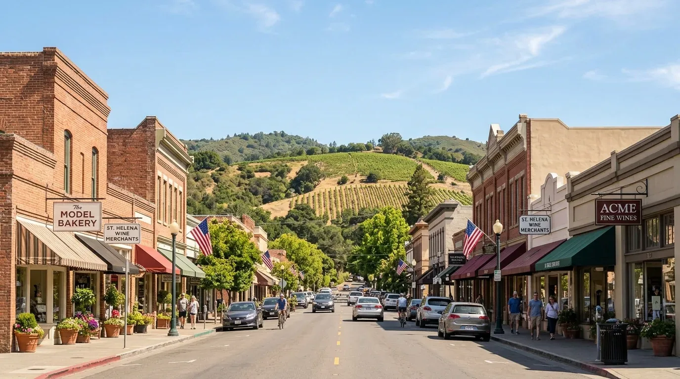 A sunny street view of a small town with shops, cars, pedestrians, and vineyard-covered hills in the background