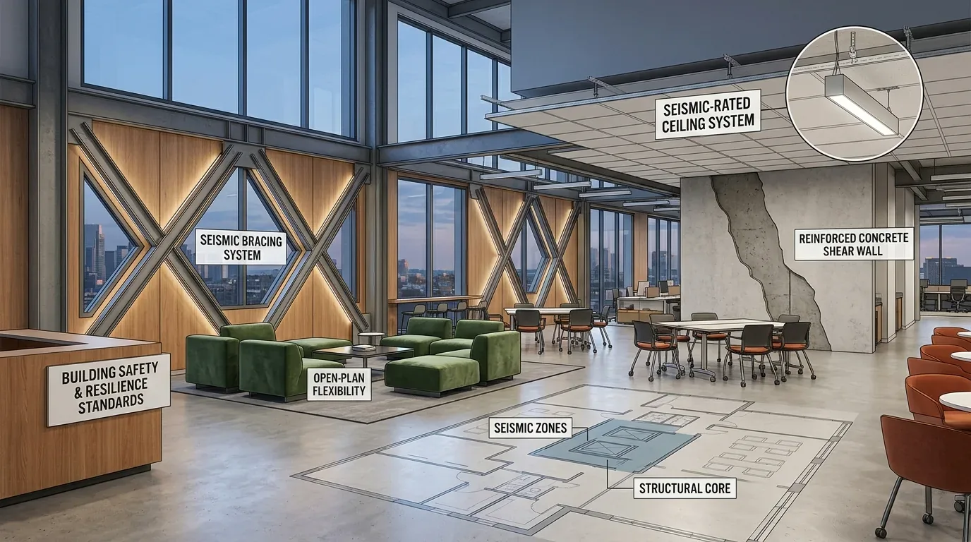 A modern open-plan office interior highlighting seismic safety features with labeled structural elements and flexible seating areas
