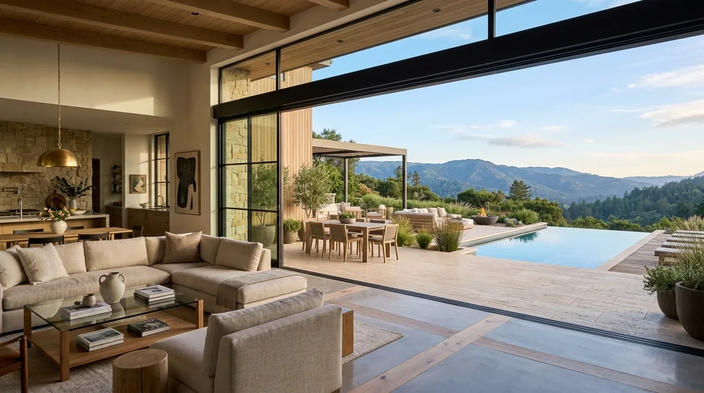 A modern living room with beige sectional sofa opens to an outdoor patio with dining table and infinity pool overlooking forested hills