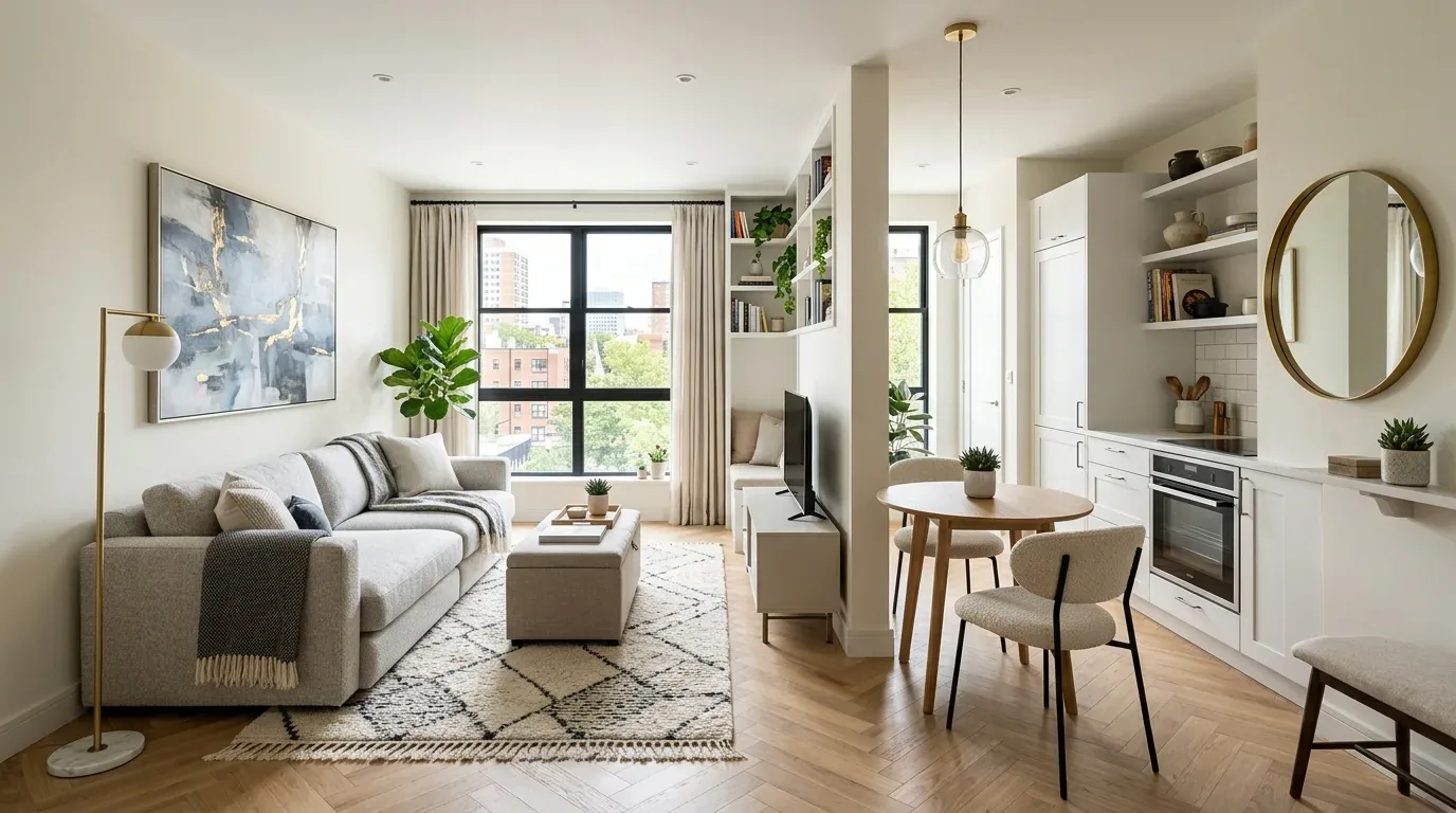 A bright, modern open-plan living room and kitchen with neutral tones, a large window, and minimalist furniture