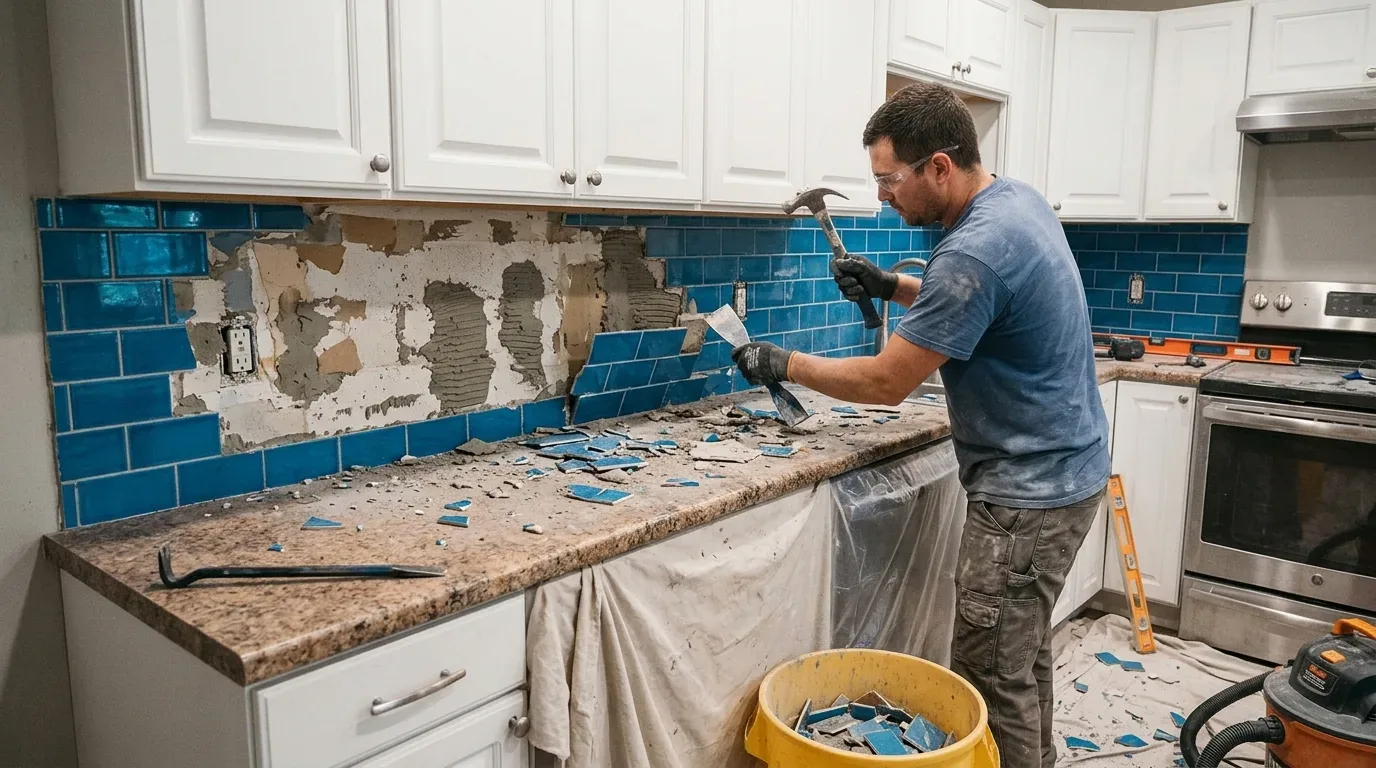 A man is removing blue subway tiles from a kitchen