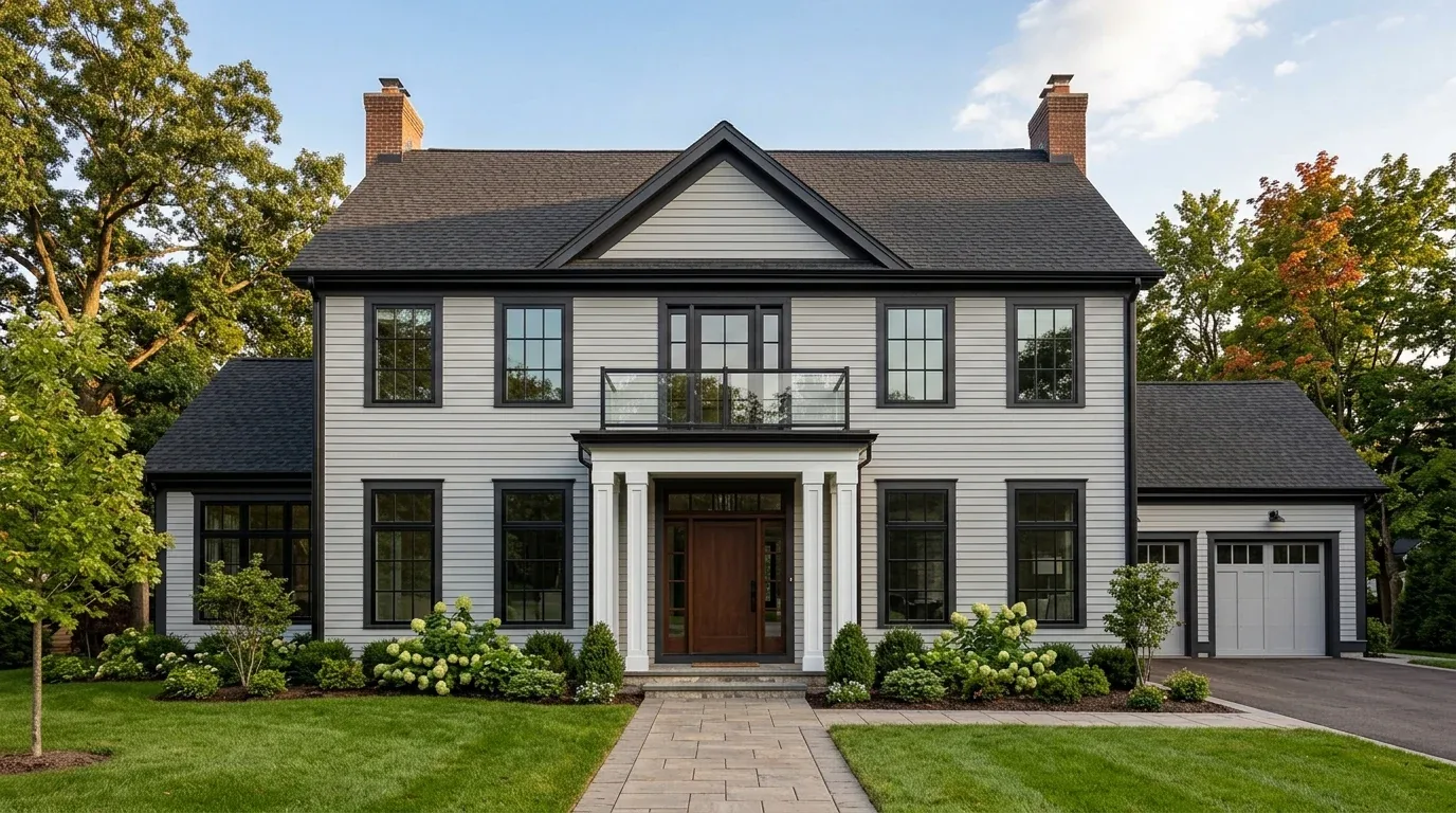 A two-story modern farmhouse style house exterior with gray siding, black window frames, a wooden front door, and a well-maintained lawn and landscaping