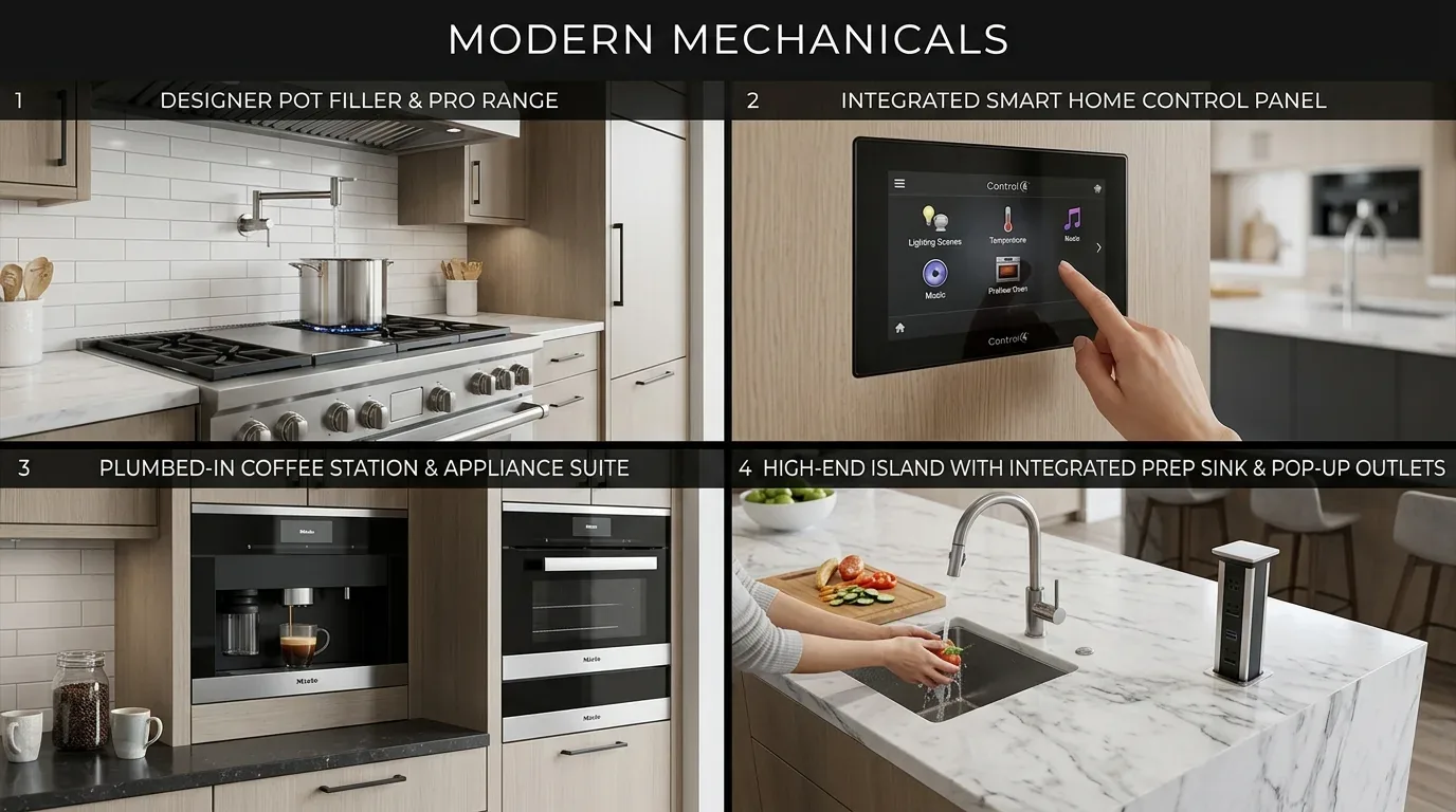 A modern kitchen showcasing a designer pot filler and pro range, integrated smart home control panel, plumbed-in coffee station and appliance suite, and a high-end island with integrated prep sink and pop-up outlets