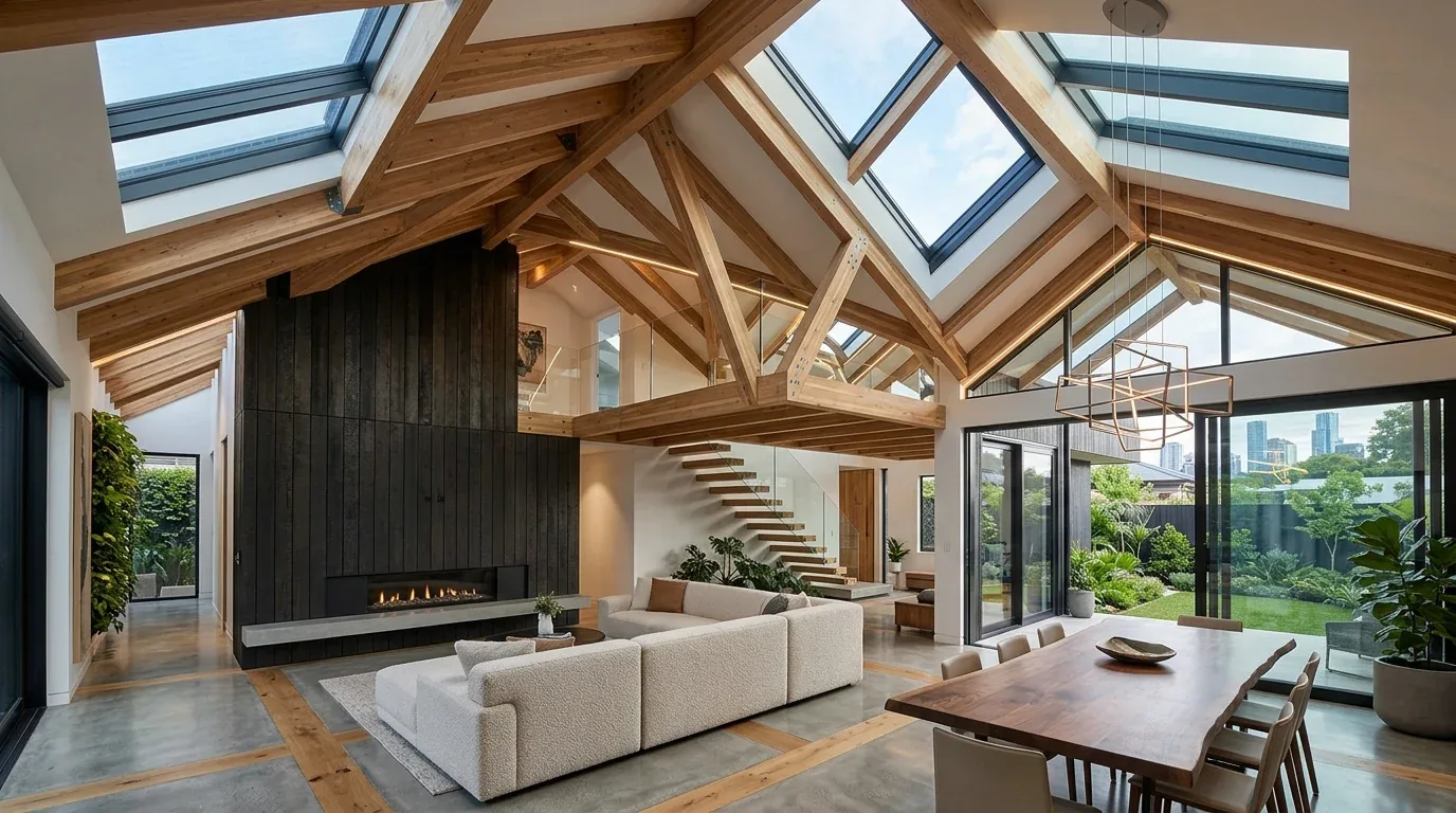 A modern open-concept living and dining area with exposed wooden beams, large skylights, a floating staircase, and floor-to-ceiling windows overlooking a garden