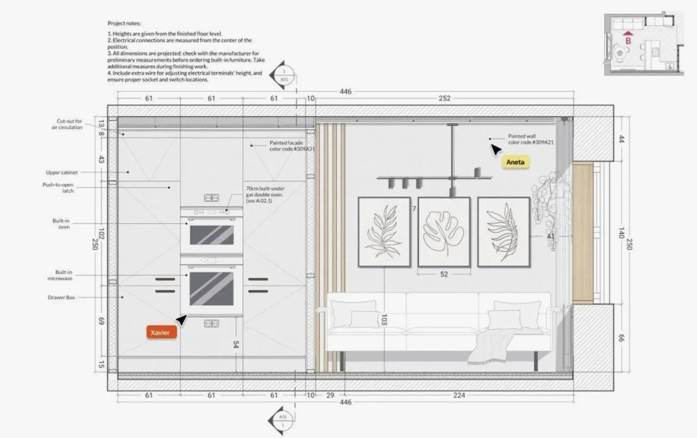Architectural floor plan showing a kitchen area with built-in appliances and an adjacent living room with a sofa