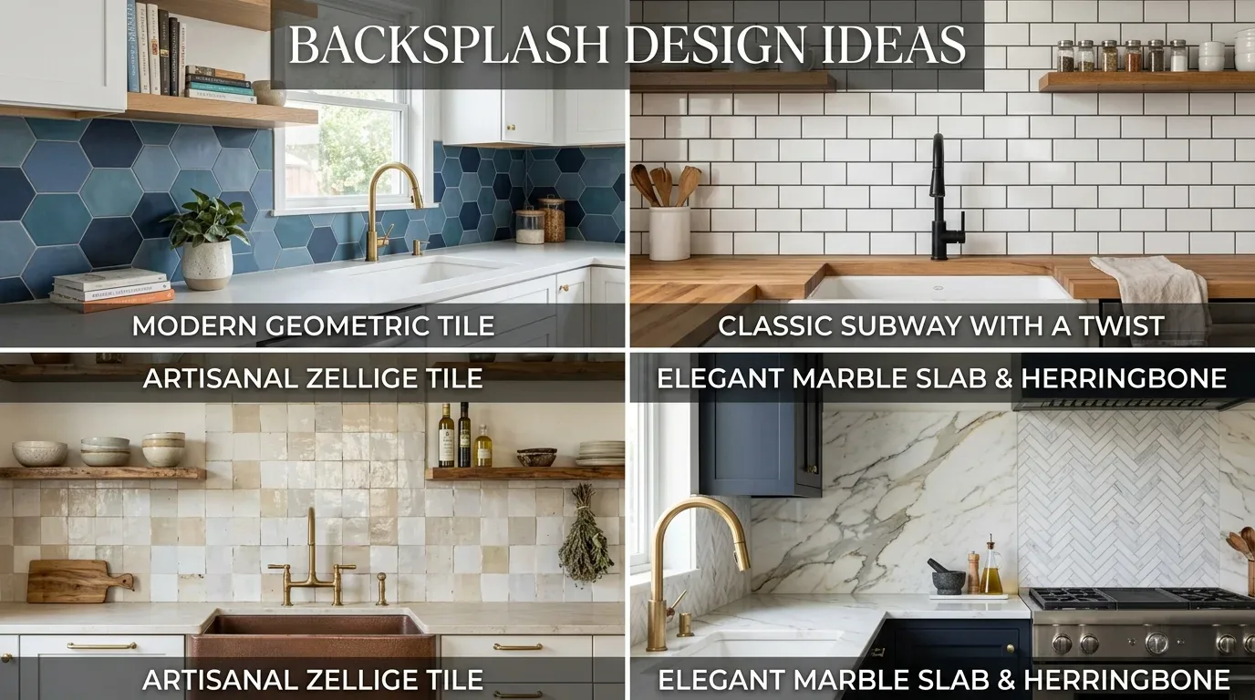 A collage of four kitchen backsplash design ideas featuring modern geometric tile, classic subway tile, artisanal zellige tile, and elegant marble slab with herringbone pattern