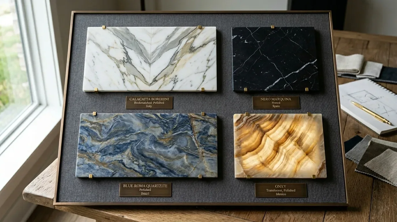 A display board showing four different polished stone samples with labels indicating their names and origins