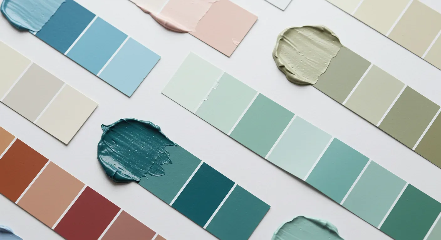 Multiple paint color swatches with paint samples applied on a white surface