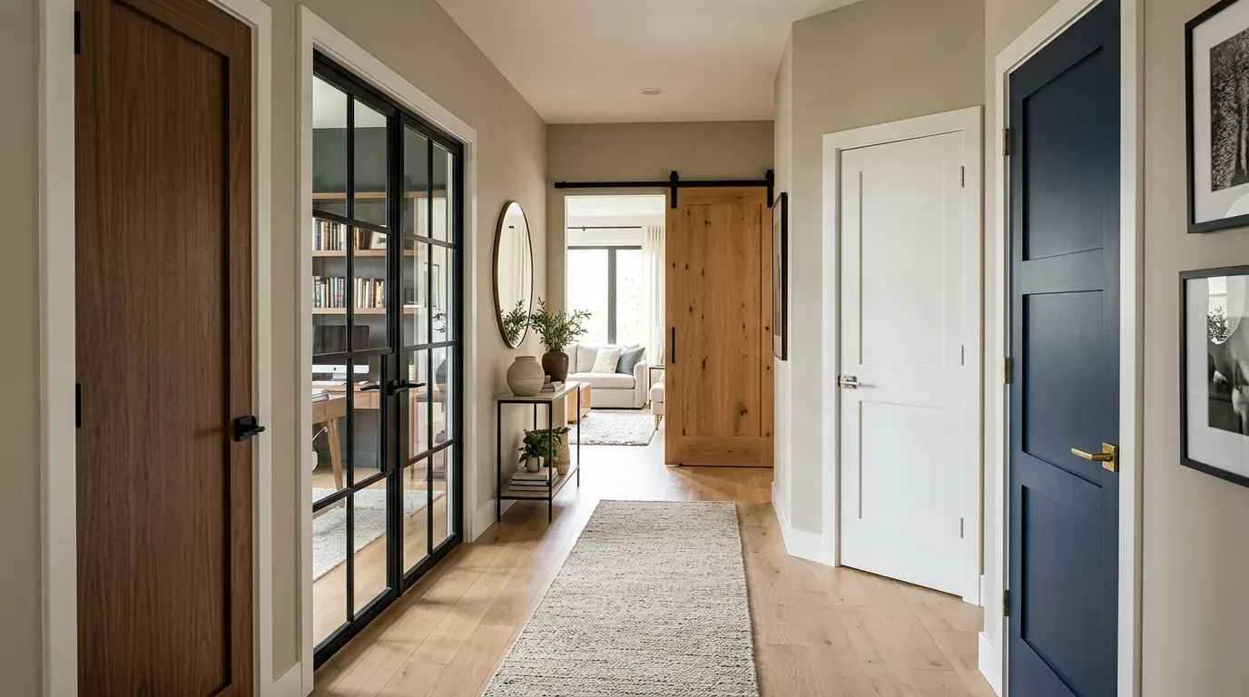 A modern hallway with multiple doors, a console table with decor, a round mirror, and a rug leading to a living room