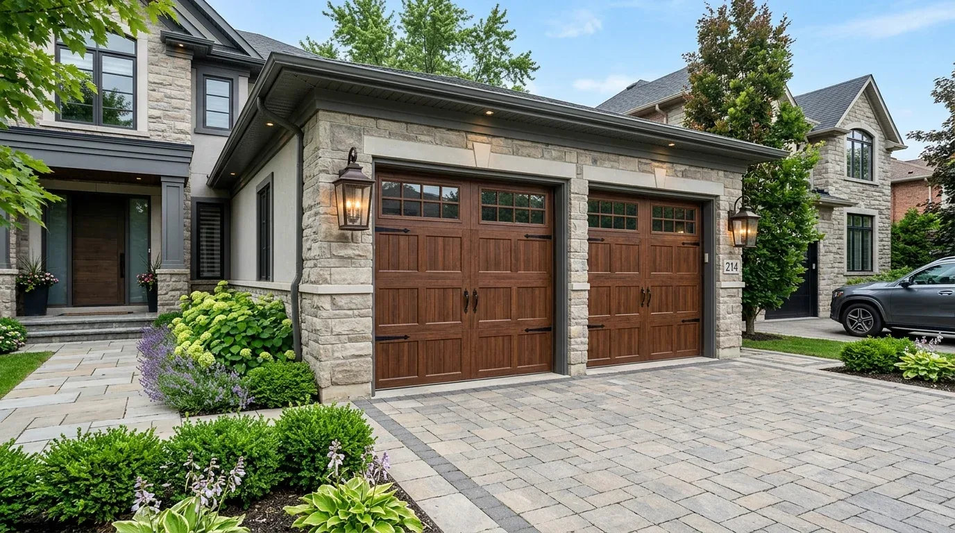 Exterior view of a modern stone house with wooden double garage doors, a paved driveway, and landscaped greenery