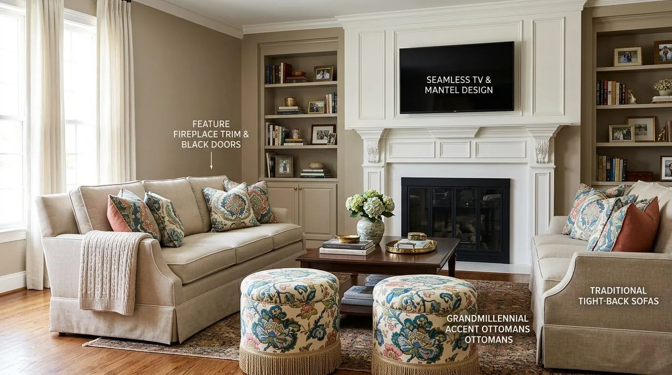 A traditional living room with two beige tight-back sofas, floral accent ottomans, a fireplace with mantel