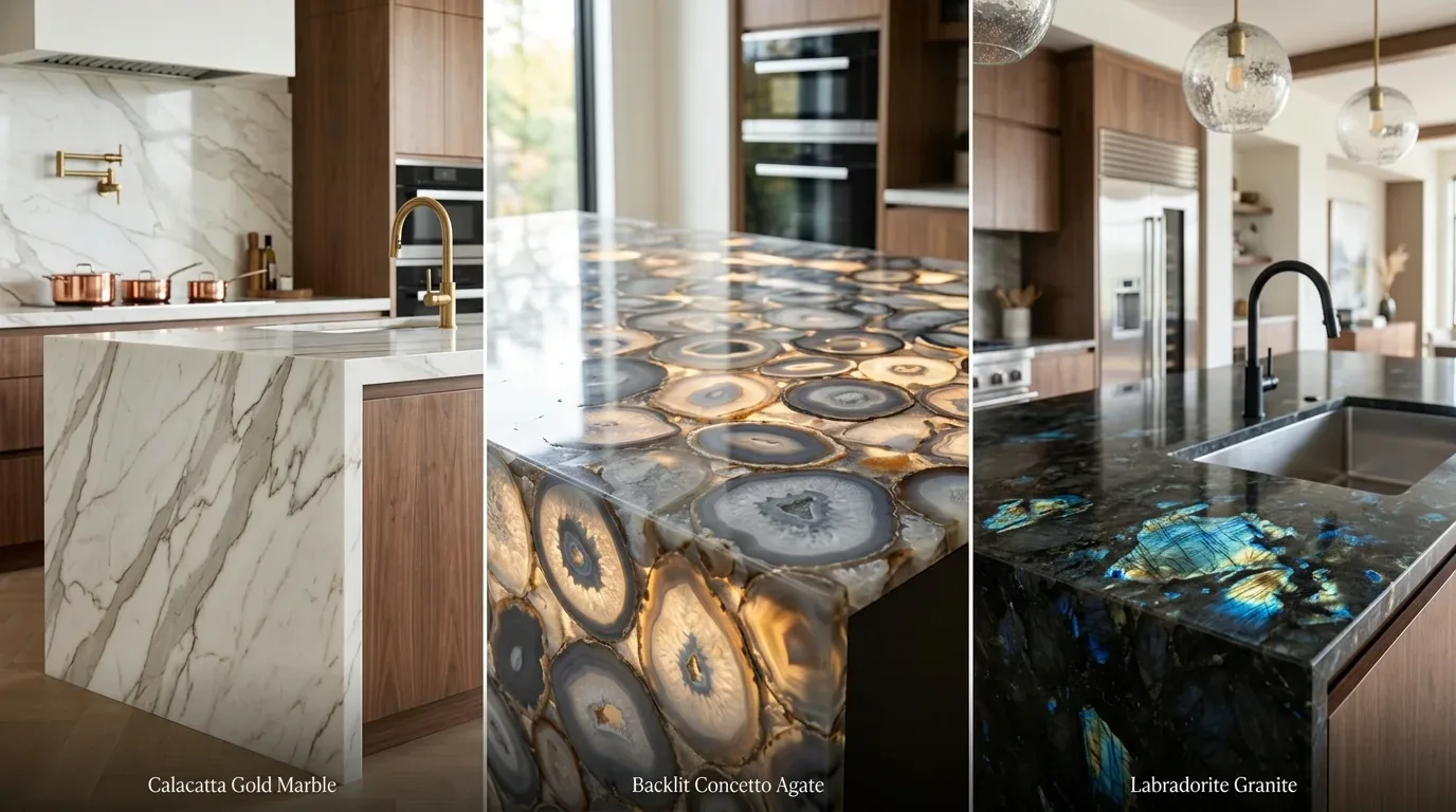 Three kitchen islands showcasing different countertop materials: Calacatta Gold Marble, Backlit Concetto Agate, and Labradorite Granite