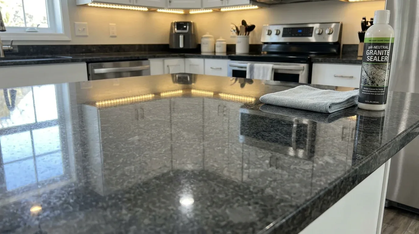 A modern kitchen with polished dark granite countertops, white cabinetry, stainless steel appliances, and under-cabinet
