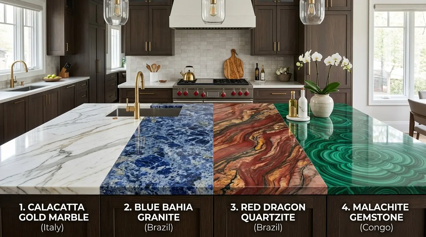 A kitchen island countertop showcasing four different types of stone materials side by side with dark wood cabinetry