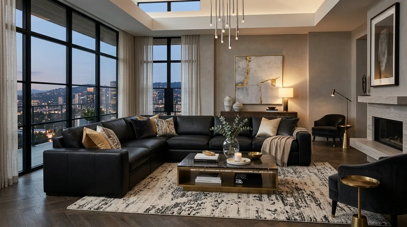 A modern living room with a large black sectional sofa, floor-to-ceiling windows showing a cityscape at dusk, a patterned rug, and contemporary decor including a marble coffee table and abstract wall art