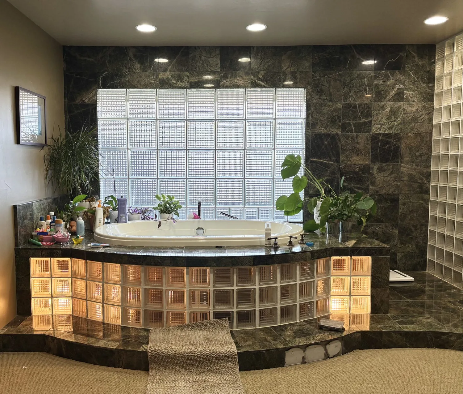 A bathroom featuring a large built-in bathtub surrounded by dark marble tiles and glass blocks, with several plants
