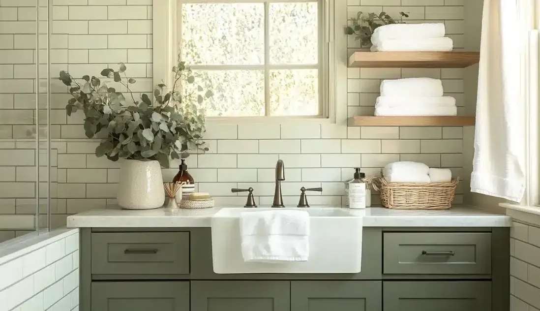 A bathroom sink area with green cabinetry, white subway tile backsplash, a window, and shelves holding folded towels