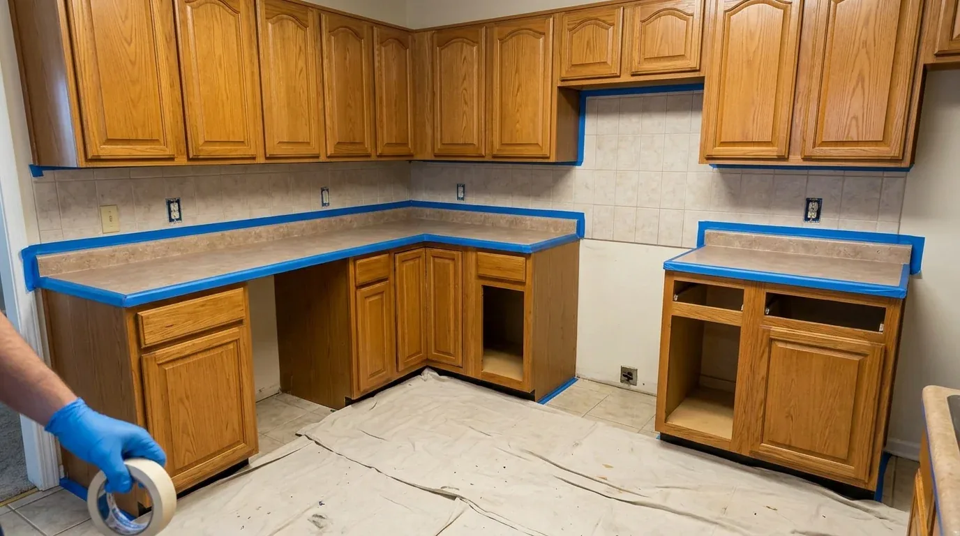 A kitchen with wooden cabinets and countertops being prepped for painting or renovation, with blue painter's tape applied along edges and a drop cloth on the floor
