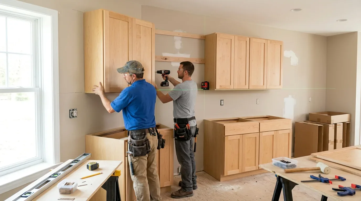 Two workers installing light wood kitchen cabinets in a room under construction