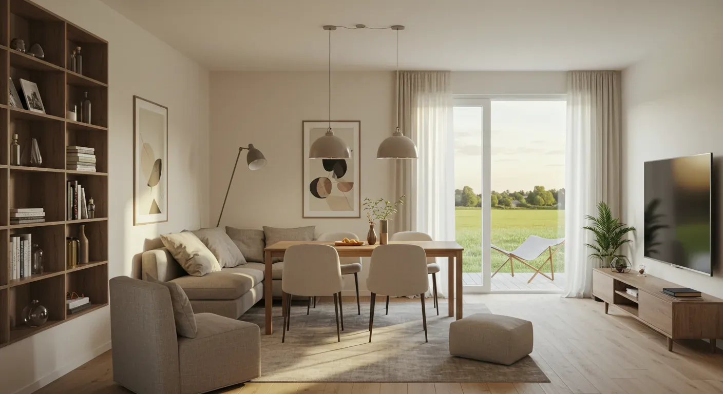 A modern living and dining room with neutral tones, wooden furniture, large windows, and minimalist decor