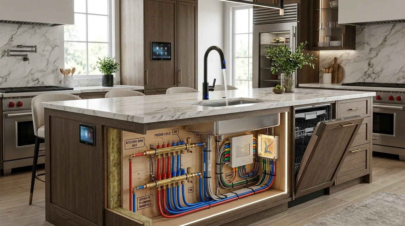 A modern kitchen with a marble island countertop featuring an open panel showing labeled plumbing and electrical systems