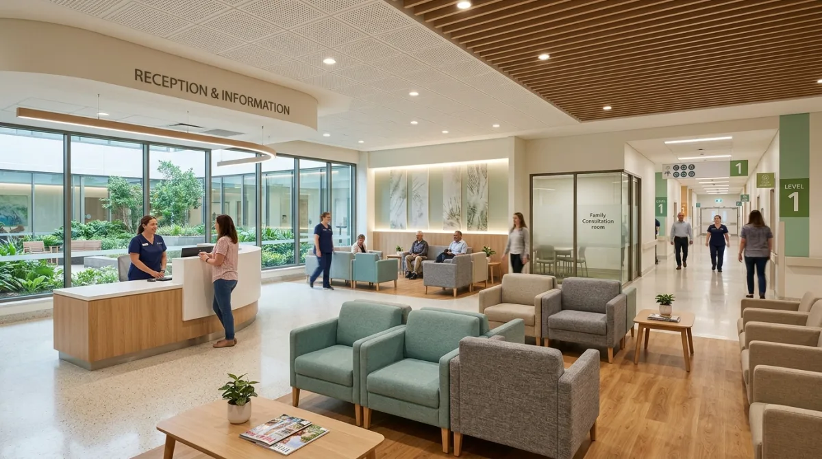A modern hospital or clinic waiting area with reception desk, seating, and a hallway leading to consultation rooms