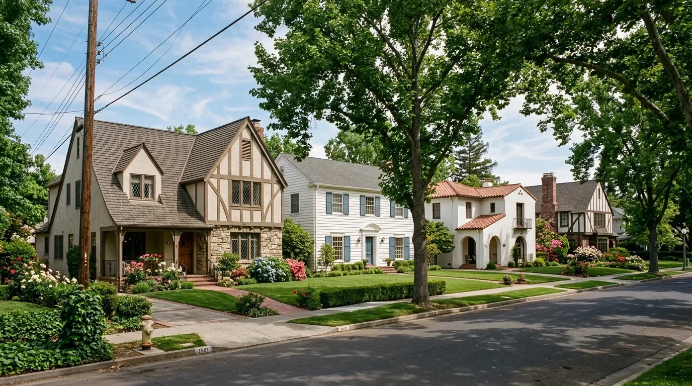 A residential street view showing a row of traditional style houses with well-maintained lawns and landscaping