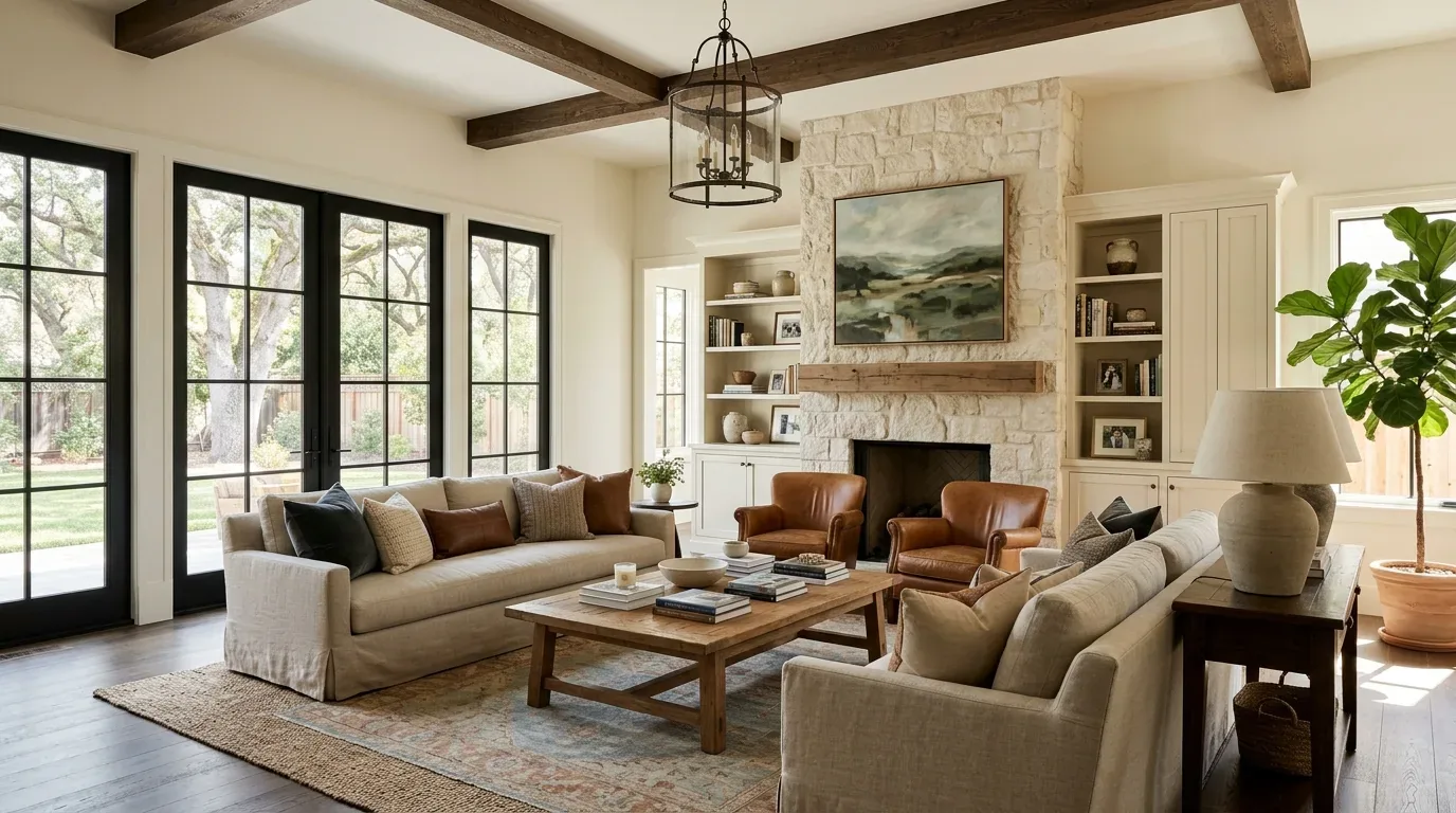 A cozy living room with beige sofas, leather armchairs, a wooden coffee table, stone fireplace, and large windows overlooking a garden