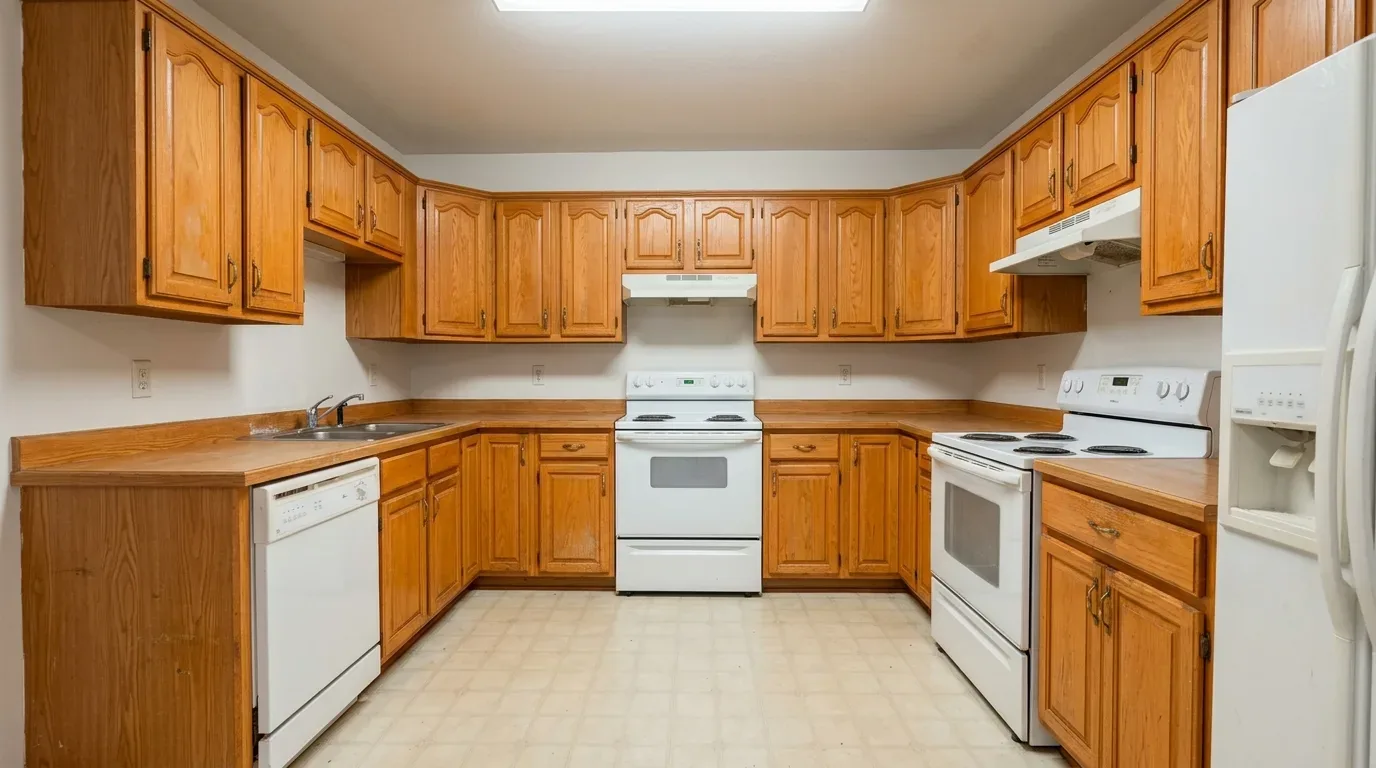 A kitchen with wooden cabinets, white appliances including two stoves, a dishwasher, and a refrigerator