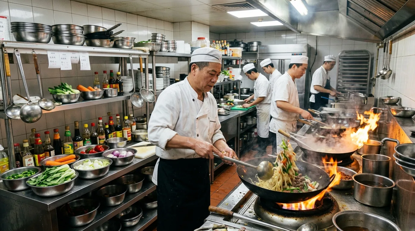 A busy commercial kitchen with chefs cooking stir-fry dishes in woks over open flames and preparing ingredients on stainless steel counters