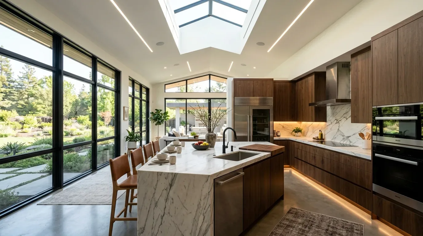 A modern kitchen with large windows, a marble island countertop, wooden cabinets, and integrated lighting