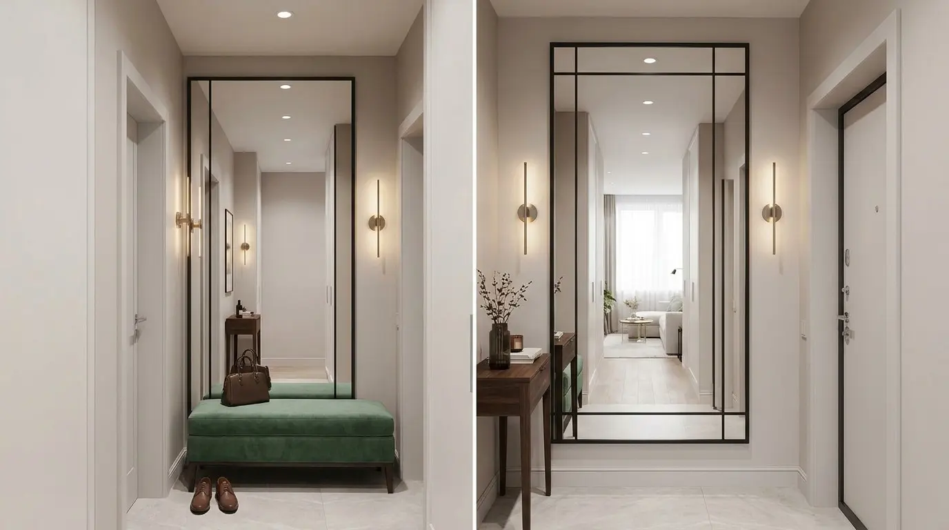 A bathroom with dark wood cabinetry, a large mirror, and a granite countertop with various toiletries.