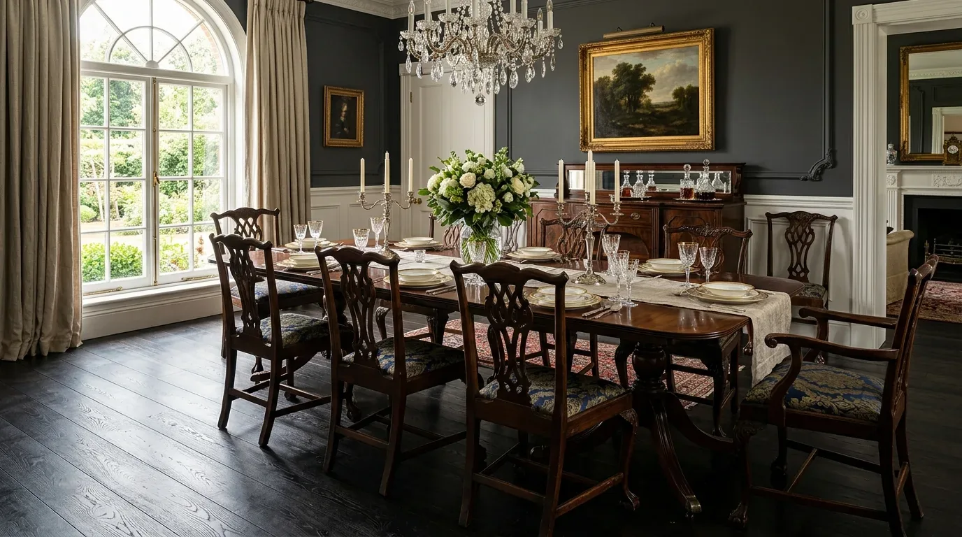 A traditional dining room with a large wooden table, ornate chairs, crystal chandelier, and classic artwork on dark gray walls
