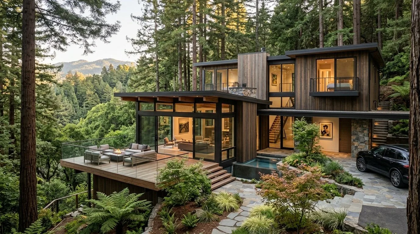 A modern multi-level house with large glass windows, a wooden exterior, a deck with outdoor seating, and surrounded