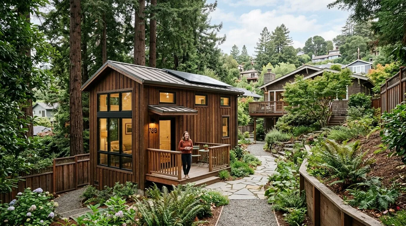A small modern wooden cabin with large windows and a porch, surrounded by lush greenery and a stone pathway