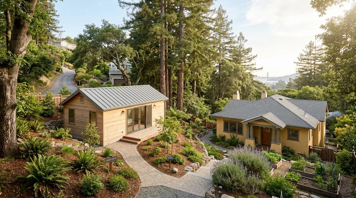 A scenic residential property with a small modern wooden guest house and a traditional yellow main house surrounded